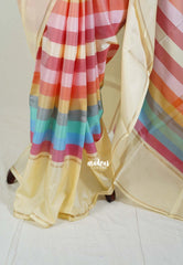Ivory Soft Rainbow - Kanimozhi - Premium Soft Silk Horizontal Striples with Rettapet Border - Best for Wedding Functions