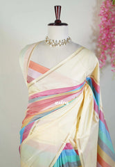 Ivory Soft Rainbow - Kanimozhi - Premium Soft Silk Horizontal Striples with Rettapet Border - Best for Wedding Functions