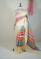 Ivory Soft Rainbow - Kanimozhi - Premium Soft Silk Horizontal Striples with Rettapet Border - Best for Wedding Functions