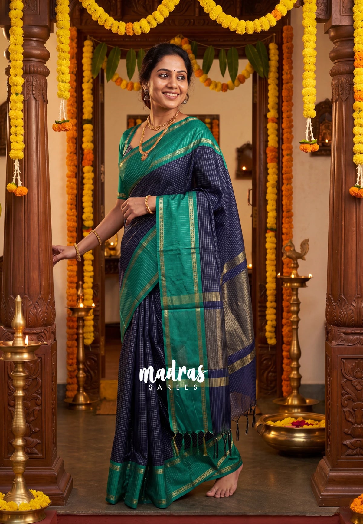 Midnight Blue - Sico Gadwal Semi Silk Muthukattam with Rettapet Border - Best for Small Functions