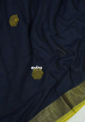 Midnight Navy Blue - Kannamma  Handwoven Ballbutta linen Saree with Yellow Pallu - Perfect for Office Wear | Casual Wear