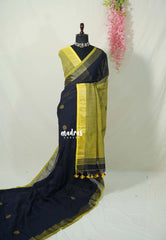 Midnight Navy Blue - Kannamma  Handwoven Ballbutta linen Saree with Yellow Pallu - Perfect for Office Wear | Casual Wear