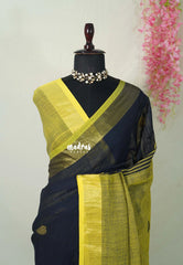 Midnight Navy Blue - Kannamma  Handwoven Ballbutta linen Saree with Yellow Pallu - Perfect for Office Wear | Casual Wear