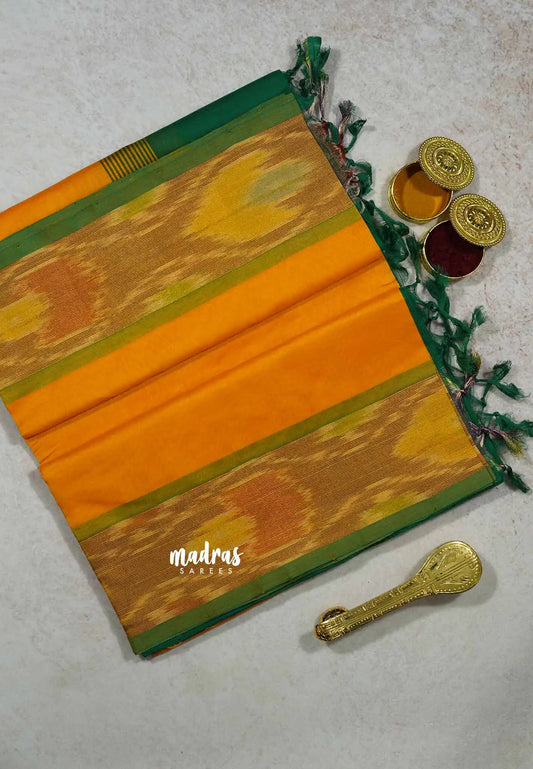 Mango Yellow - Mookuthi Amman Plain silk cotton pochampalli border