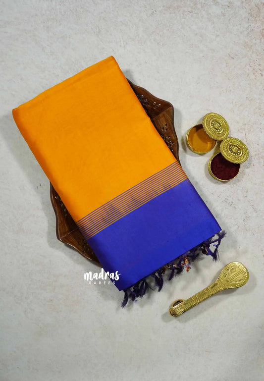Orange Yellow - Mookuthi Amman Plain silk cotton pochampalli border