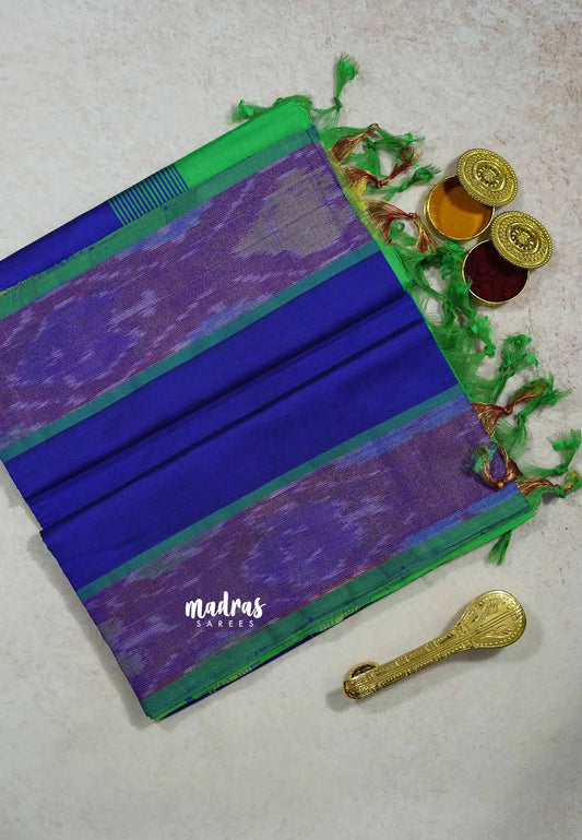 MS Blue - Mookuthi Amman Plain silk cotton pochampalli border