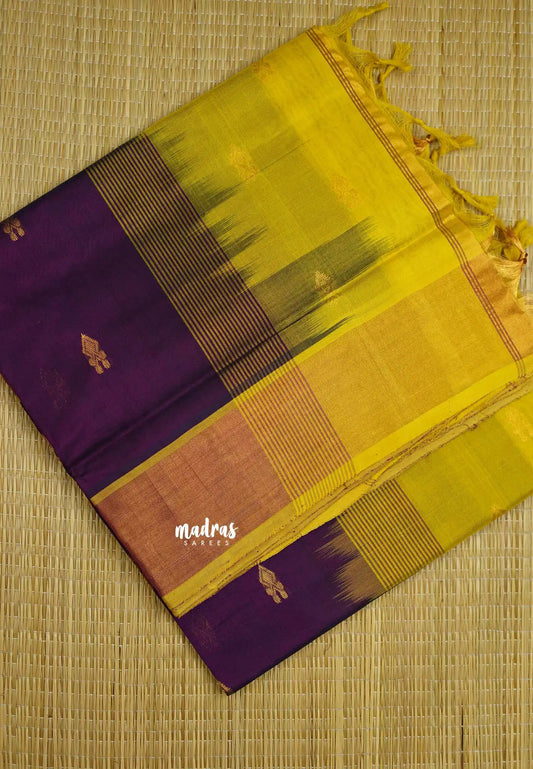 Mookuthi Amman silk cotton getti zari border with buttas - Purple with Neon yellow