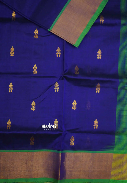 Mookuthi Amman silk cotton getti zari border with buttas - MS Blue with Green