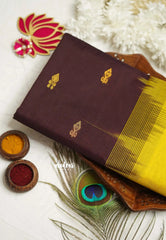 Mookuthi Amman silk cotton getti zari border with buttas - Coffee Brown with Neon yellow