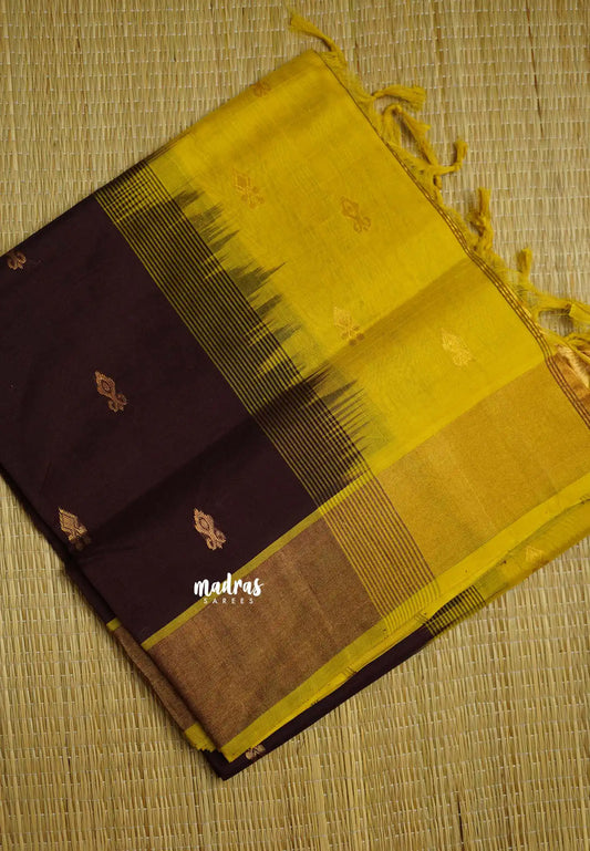 Mookuthi Amman silk cotton getti zari border with buttas - Coffee Brown with Neon yellow