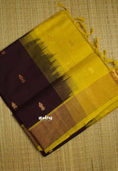 Mookuthi Amman silk cotton getti zari border with buttas - Coffee Brown with Neon yellow