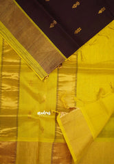 Mookuthi Amman silk cotton getti zari border with buttas - Coffee Brown with Neon yellow