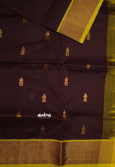 Mookuthi Amman silk cotton getti zari border with buttas - Coffee Brown with Neon yellow