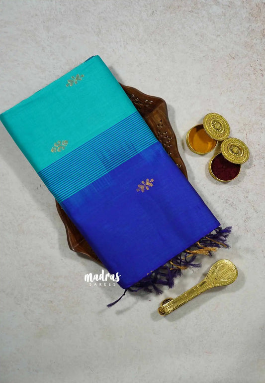 Teal Blue - Mookuthi Amman silk cotton getti zari border with buttas