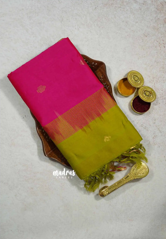 Rani Pink - Mookuthi Amman silk cotton getti zari border with buttas