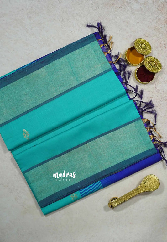 Teal Blue - Mookuthi Amman silk cotton getti zari border with buttas
