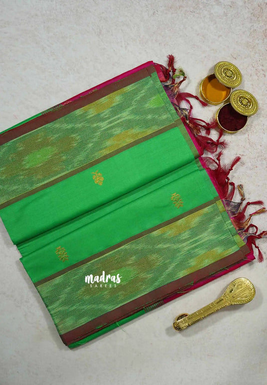 Parrot Green  - Mookuthi Amman silk cotton pochampalli border with buttas