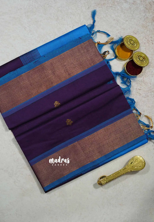 Navy Blue - Mookuthi Amman silk cotton getti zari border with buttas