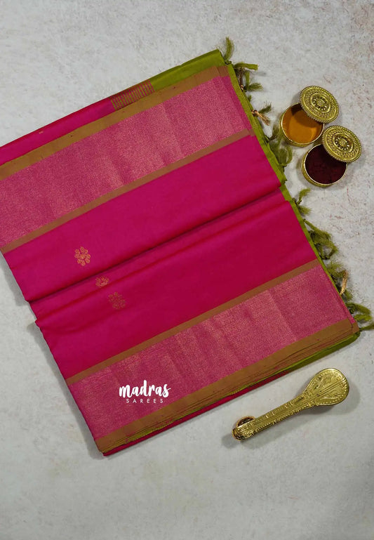 Rani Pink - Mookuthi Amman silk cotton getti zari border with buttas