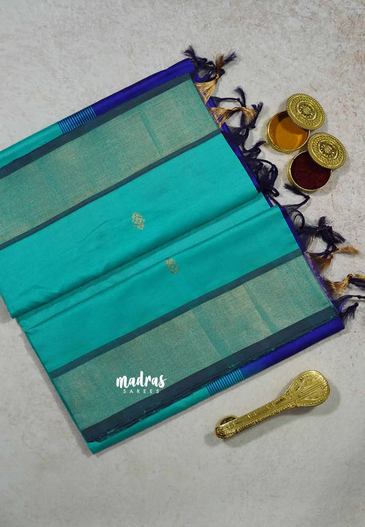 Sea Blue - Mookuthi Amman silk cotton getti zari border with buttas
