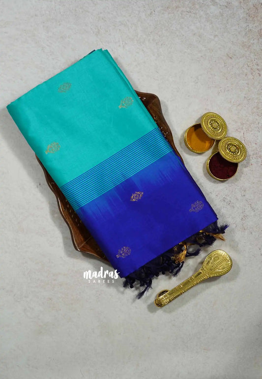 Sea Blue - Mookuthi Amman silk cotton getti zari border with buttas