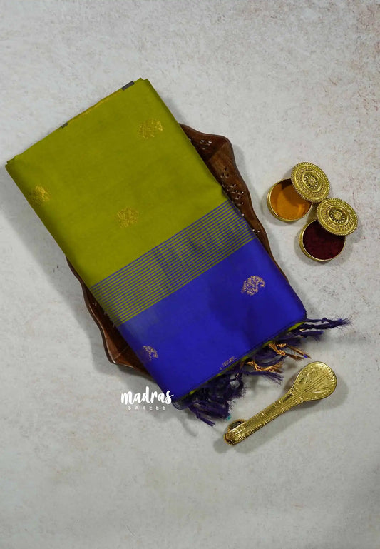 Sap Green - Mookuthi Amman silk cotton pochampalli border with buttas