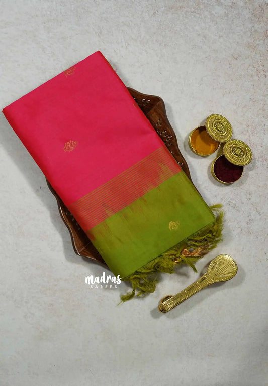 Radium Pink - Mookuthi Amman silk cotton getti zari border with buttas