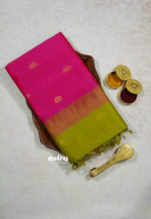 Rani Pink - Mookuthi Amman silk cotton getti zari border with buttas