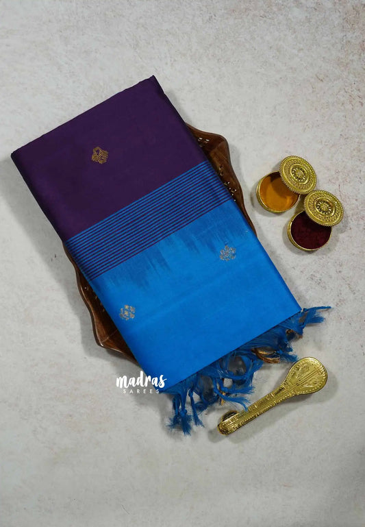 Navy Blue - Mookuthi Amman silk cotton getti zari border with buttas