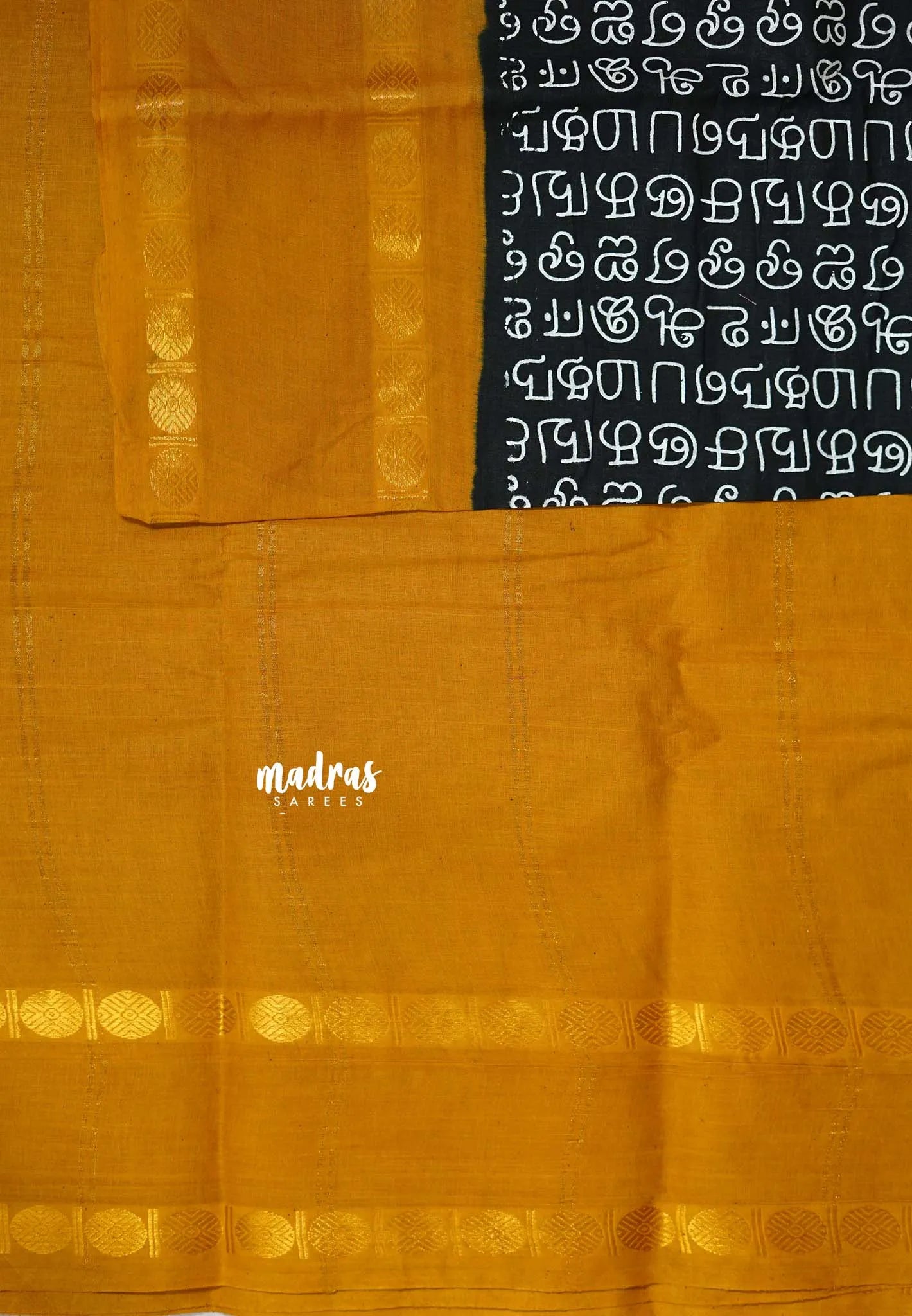 Mozhi - Sungudi cotton with tamil letters rettapet rudraksham border - Black with Mustard Yellow