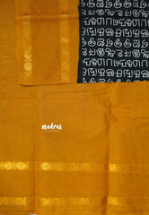Mozhi - Sungudi cotton with tamil letters rettapet rudraksham border - Black with Mustard Yellow