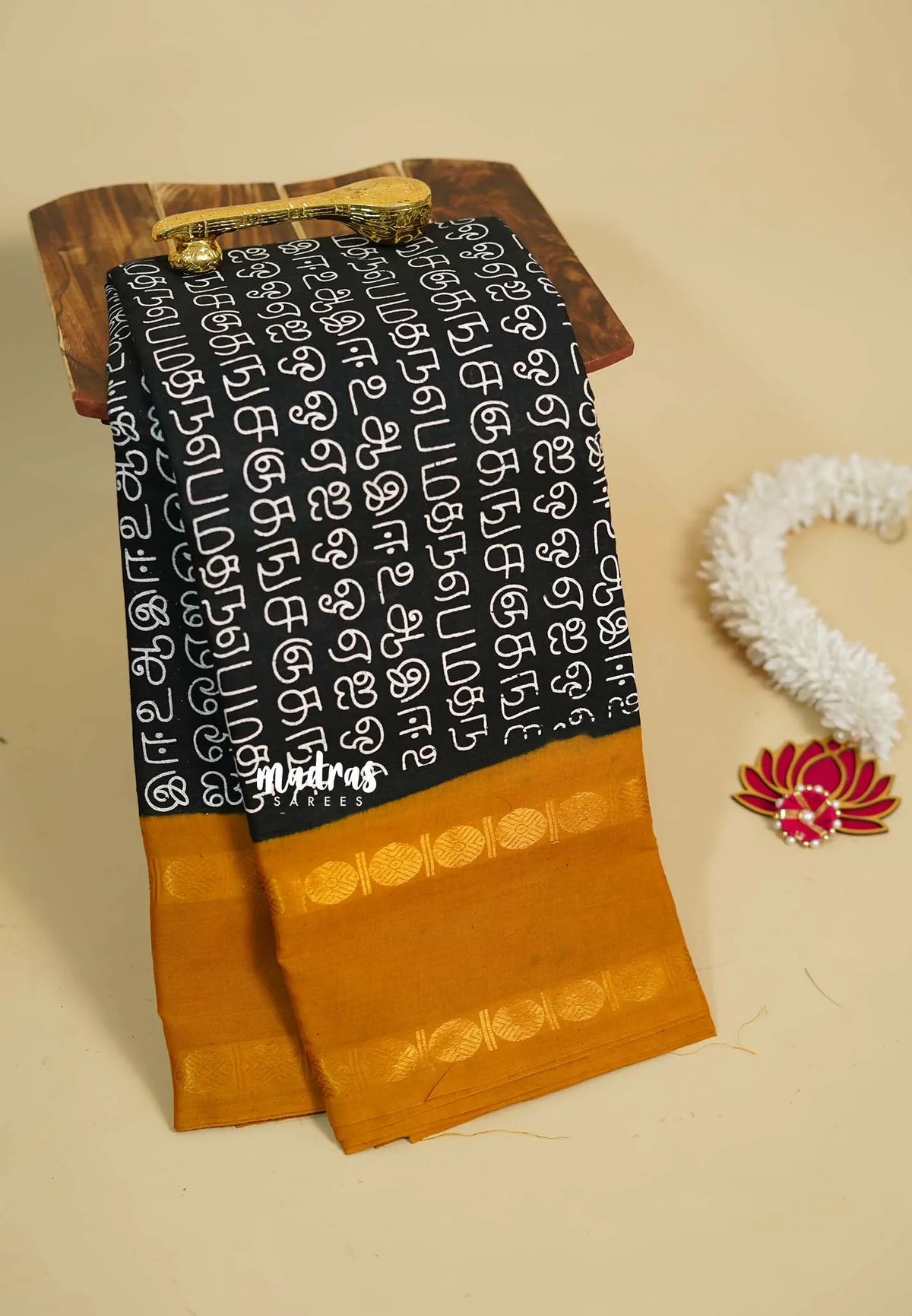 Mozhi - Sungudi cotton with tamil letters rettapet rudraksham border - Black with Mustard Yellow
