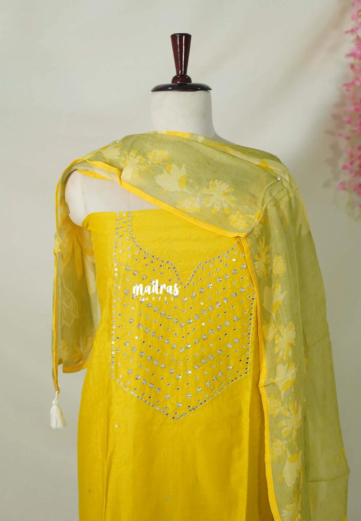 Amitha – Paris Yellow - Chanderi Silk Semi Stitch Neck with Mirror Work Salwar Suit
