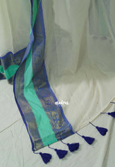 Creamy Ivory with Blue Tussel - Soft Mul cotton with Plain body and Mayil Border - Perfect for Festive Wear