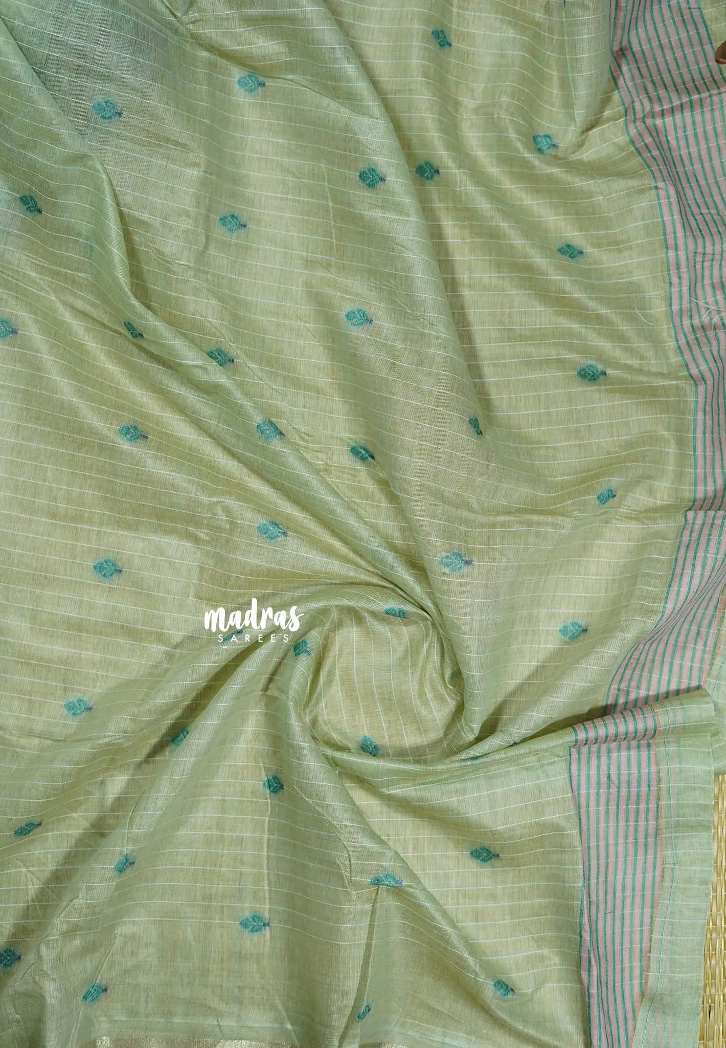 Pastel Green with Dark Green Tassels - Muslin Silk with floral Weaving Border and Pallu
