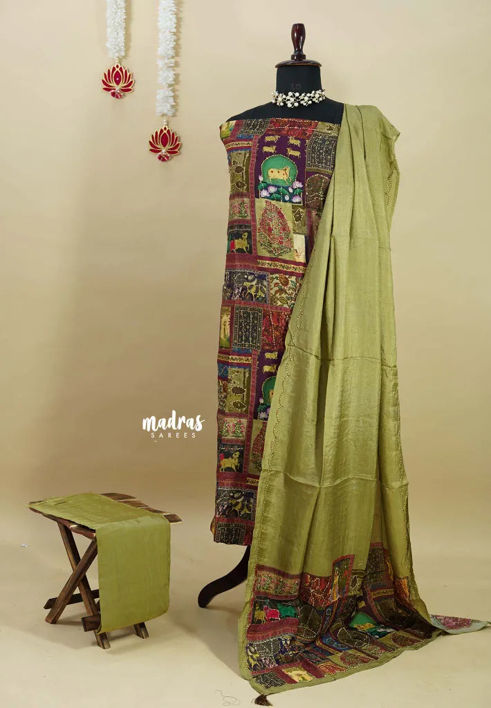 Amitha –  Olive Green Muslin silk hand stithced full work indian art depiction salwar suit set