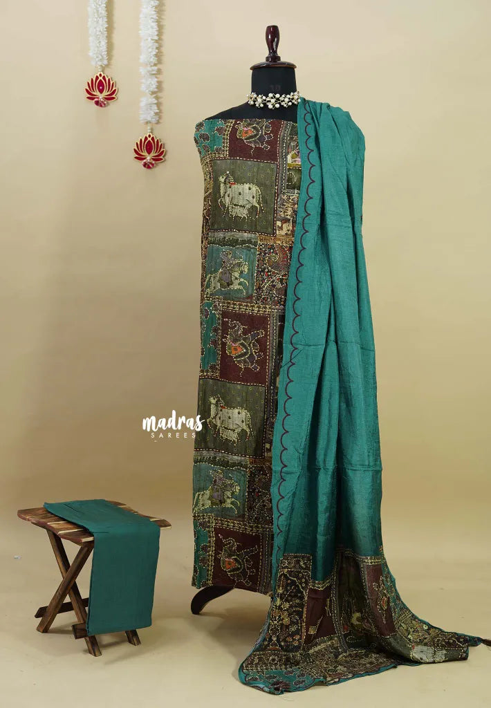Amitha –  Teal Green Muslin silk hand stithced full work indian art depiction salwar suit set