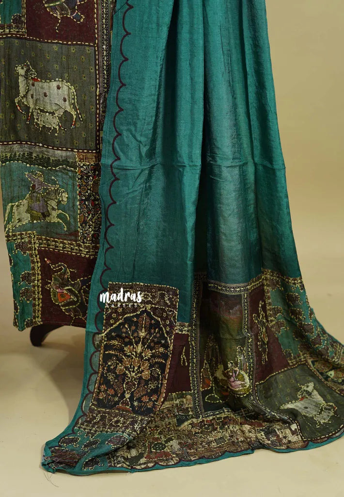Amitha –  Teal Green Muslin silk hand stithced full work indian art depiction salwar suit set