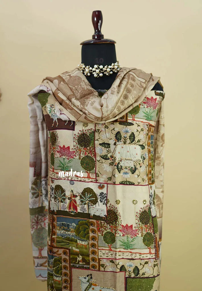 Amitha –  Ivory Beige Muslin silk hand stithced full work indian art depiction salwar suit set