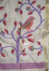 Muted Ivory Beige & Red - Muslin Silk Checks with Thread Weaving Pallu with Buttas - Perfect for Office Wear