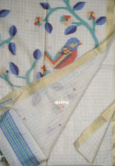 Muted Ivory Beige & Blue - Muslin Silk Checks with Thread Weaving Pallu with Buttas - Perfect for Office Wear