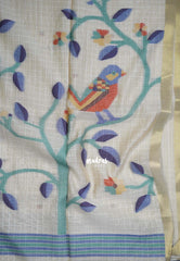 Muted Ivory Beige & Blue - Muslin Silk Checks with Thread Weaving Pallu with Buttas - Perfect for Office Wear