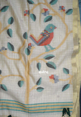 Muted Ivory Beige & Green - Muslin Silk Checks with Thread Weaving Pallu with Buttas - Perfect for Office Wear