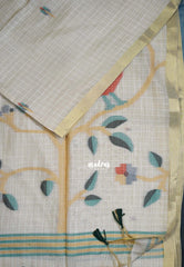 Muted Ivory Beige & Green - Muslin Silk Checks with Thread Weaving Pallu with Buttas - Perfect for Office Wear