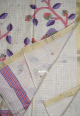 Muted Ivory Beige & Purple - Muslin Silk Checks with Thread Weaving Pallu with Buttas - Perfect for Office Wear