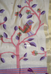 Muted Ivory Beige & Purple - Muslin Silk Checks with Thread Weaving Pallu with Buttas - Perfect for Office Wear