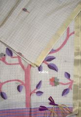Muted Ivory Beige & Purple - Muslin Silk Checks with Thread Weaving Pallu with Buttas - Perfect for Office Wear