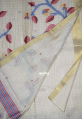 Muted Ivory Beige & Muted Red - Muslin Silk Checks with Thread Weaving Pallu with Buttas - Perfect for Office Wear