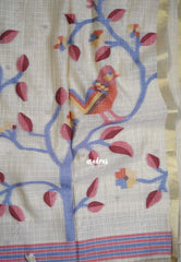 Muted Ivory Beige & Muted Red - Muslin Silk Checks with Thread Weaving Pallu with Buttas - Perfect for Office Wear
