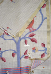 Muted Ivory Beige & Muted Red - Muslin Silk Checks with Thread Weaving Pallu with Buttas - Perfect for Office Wear